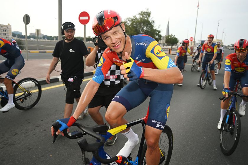 Jonathan Milan of Lidl-Trek reacts after winning a second stage at the 2025 UAE Tour