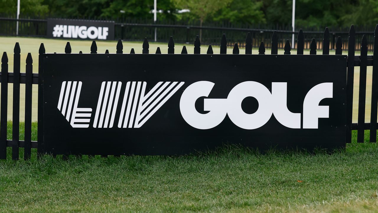 A general view of the LIV GOLF logo during round 1 of the LIV Golf Invitational Series on July 29, 2022 at Trump National Golf Club in Bedminster, New Jersey. 