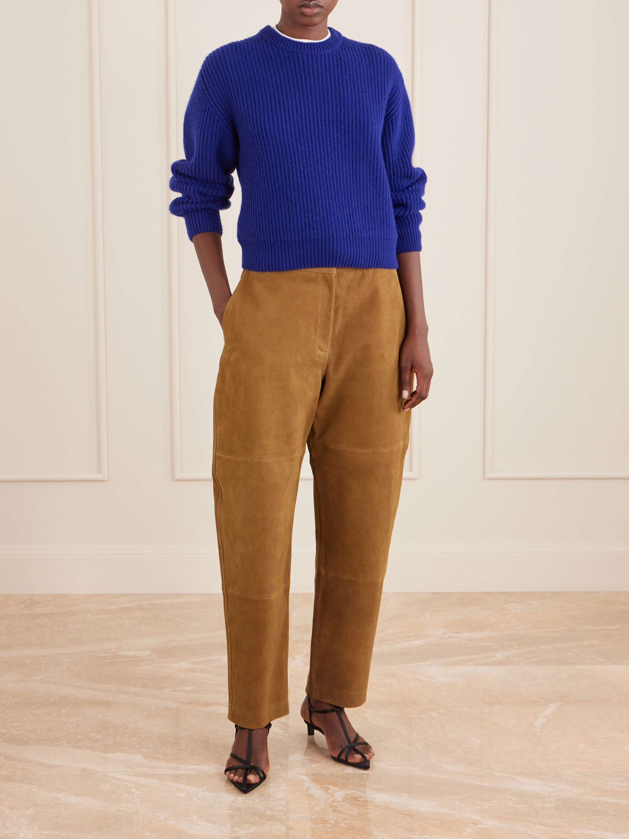 Sculptural Paneled Suede Barrel-Leg Pants