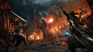 Lords of the Fallen hands-on; two fantasy characters surround a undead knight