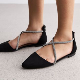 Black Suedette Diamanté 2 Part Pointed Pumps