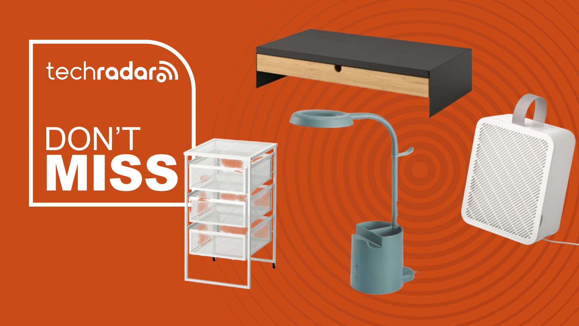 An IKEA monitor stand, desk lamp, air purifier, and drawer unit on an orange background next to a TechRadar badge reading 'Don't Miss'
