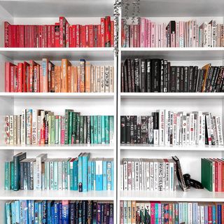 A bookshelf with books in rainbow order