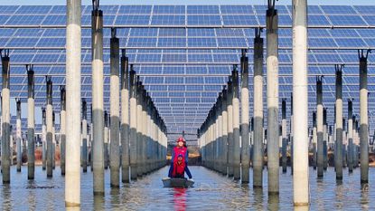 Chinese workers inspect installation of solar panels by boat