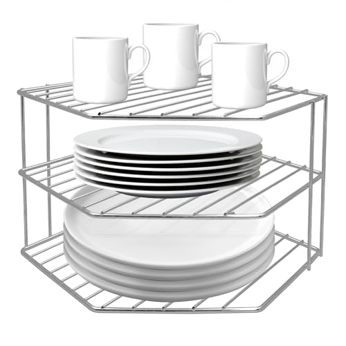 3-Tier Corner Shelf Counter and Cabinet Organizer - Steel Metal Wire - Rust Resistant - Plates, Dishes, Cabinet &amp;amp; Pantry Organizer - Kitchen Organization (10 X 7.5 Inch) (chrome)