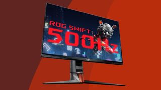 The Asus ROG Swift 500 HZ gaming monitor on a red background