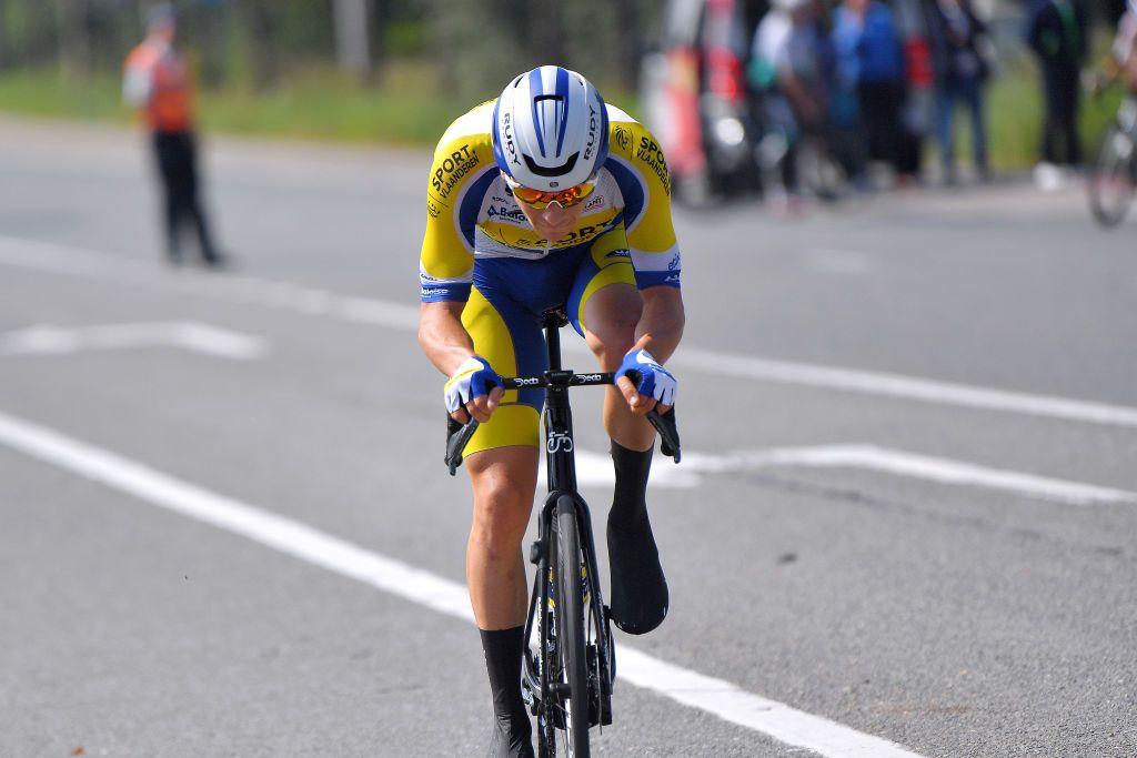 ARDOOIE BELGIUM SEPTEMBER 02 Rune Herregodts of Belgium and Team Sport Vlaanderen Baloise attacks in the breakaway during the 17th Benelux Tour 2021 Stage 4 a 1661km stage from Aalter to Ardooie BeneluxTour on September 02 2021 in Ardooie Belgium Photo by Luc ClaessenGetty Images