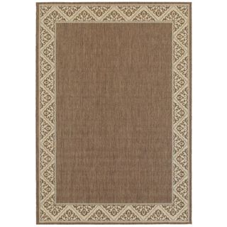 natural and white outdoor rug with fancy border