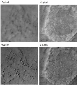Original photos by NASA's Mars Reconnaissance Orbiter (top row) of a rock field (left) and tracks left by the Spirit rover (right), both in the "Home Plate" region of Mars. The bottom row shows the new "super-resolution restoration" views of these images.