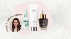 an image of beauty journalist lynn hyland next to isle of paradise self tan, tan luxe the butter gradial tan and collistar tan drops 
