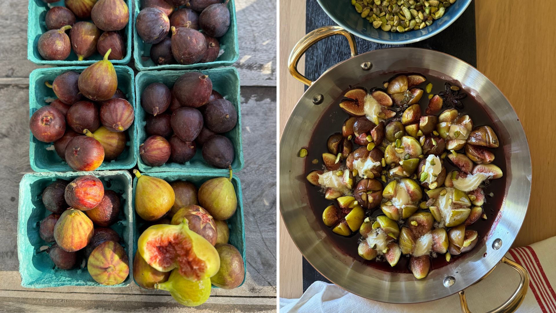 Boxes of figs and figs in a pan