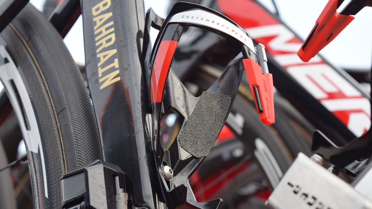 Little patches of grip tape were used by Bahrain-Merida in their Elite bottle cages to reduce the risk of bottles being lost over the cobbles