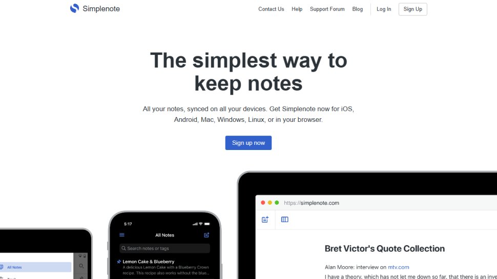 Website screenshot of Simplenote (January, 2026)