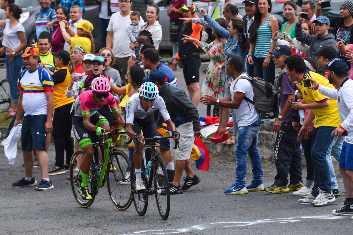 Egan Bernal and Dani Martinez attacking late in the stage