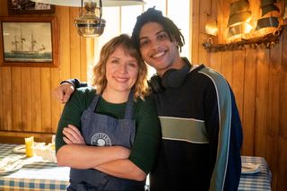 Kerry Godliman on set with her on-screen son Rohan Nedd.