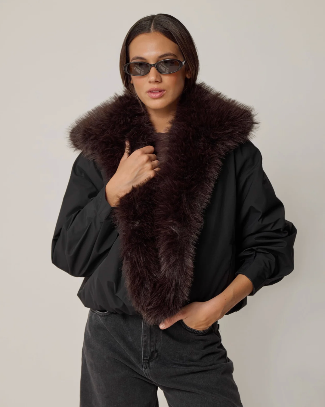 WAT THE BRAND, Faux Fur Collared Bomber - Black