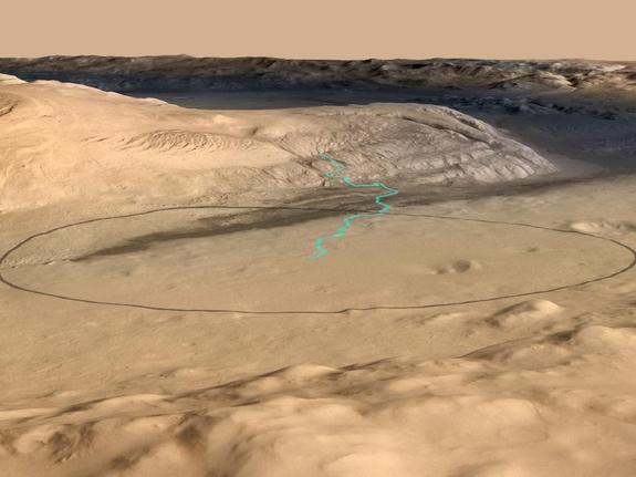 A closeup view of the foot of Mount Sharp, where NASA's Curiosity Mars rover will land on the night of Aug. 5, 2012.