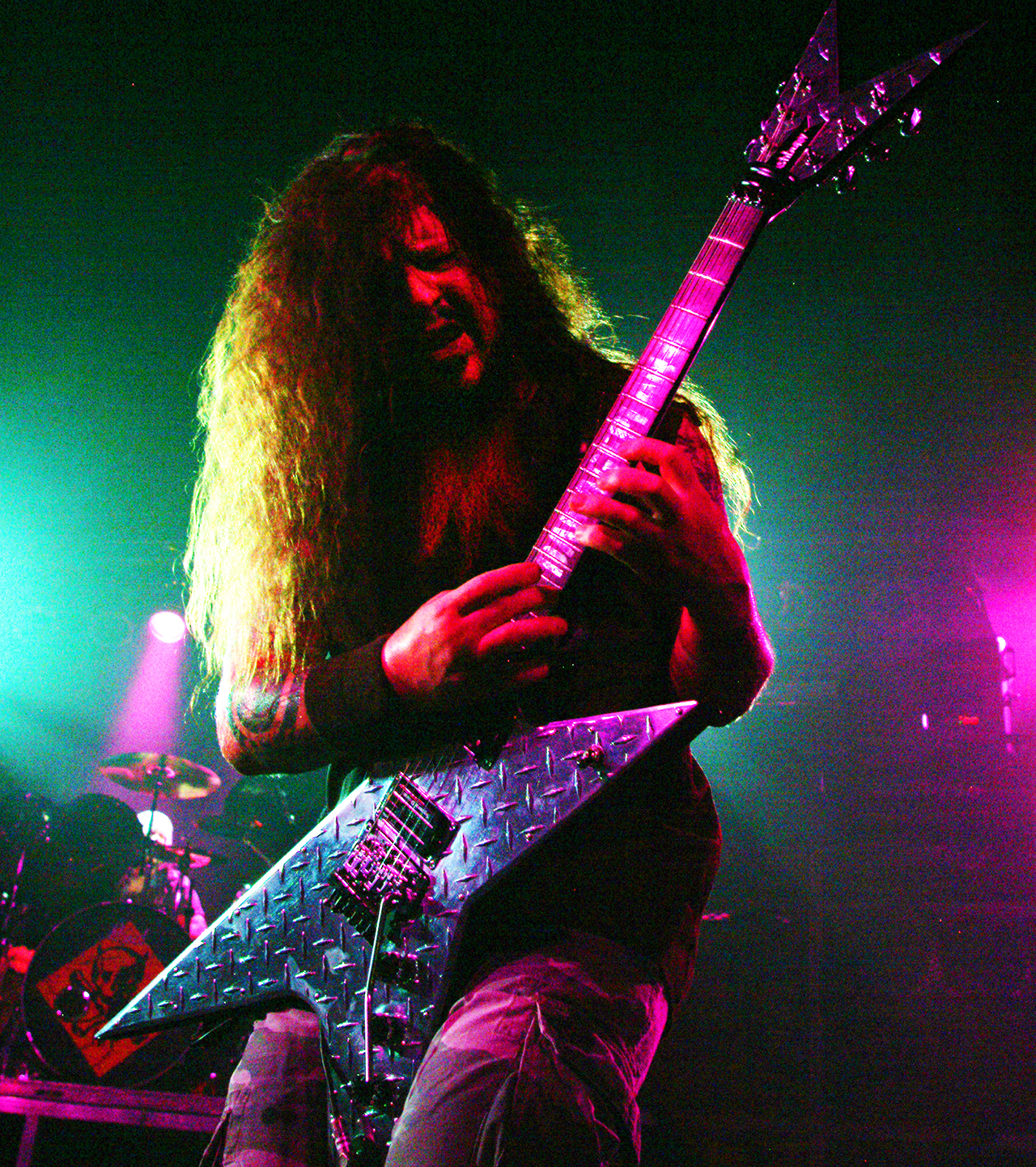 Dimebag Darrell of Damageplan performs on stage at SOMA in San Diego, California on 2nd May 2004.