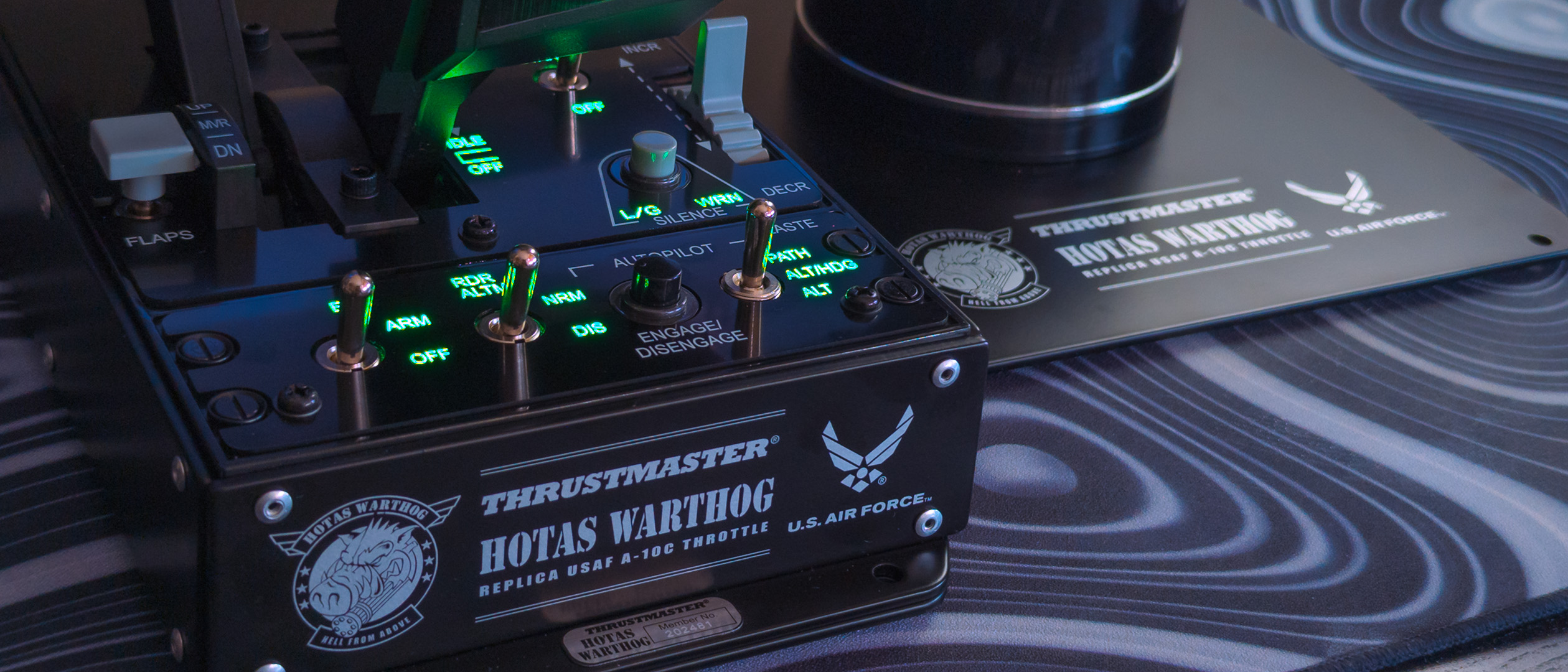 Thrustmaster HOTAS Warthog Mk II throttle unit with green LED lighting and metallic switches