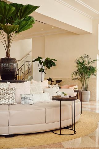 The sandy-hued interiors of a hotel feature upholstered seating and sculptural, large plants.