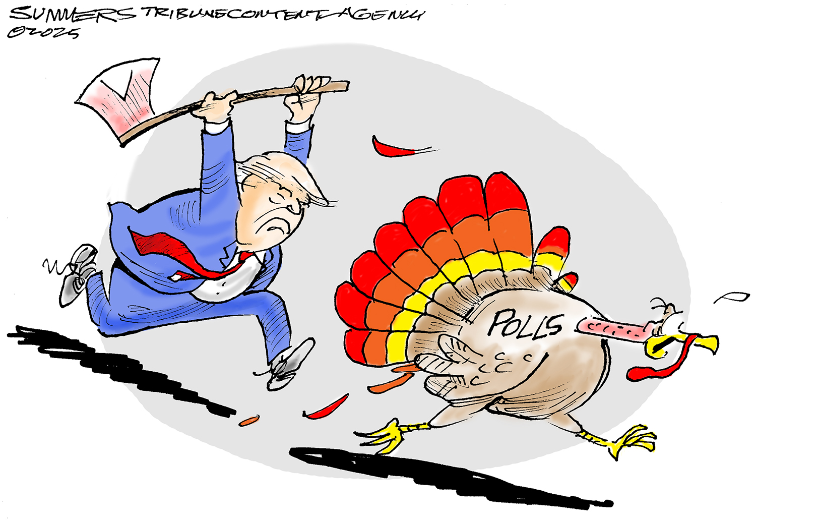 An axe-wielding Donald Trump chases after a scared turkey labeled &amp;ldquo;Polls&amp;rdquo; in this political cartoon.