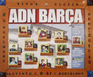 A poster featuring the Barcelona XI, all graduates of the club's La Masia youth academy, from the game against Levante in November 2012.