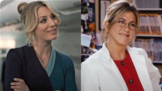 Kaley Cuoco in The Flight Attendant and Jennifer Aniston in Just Go With It.