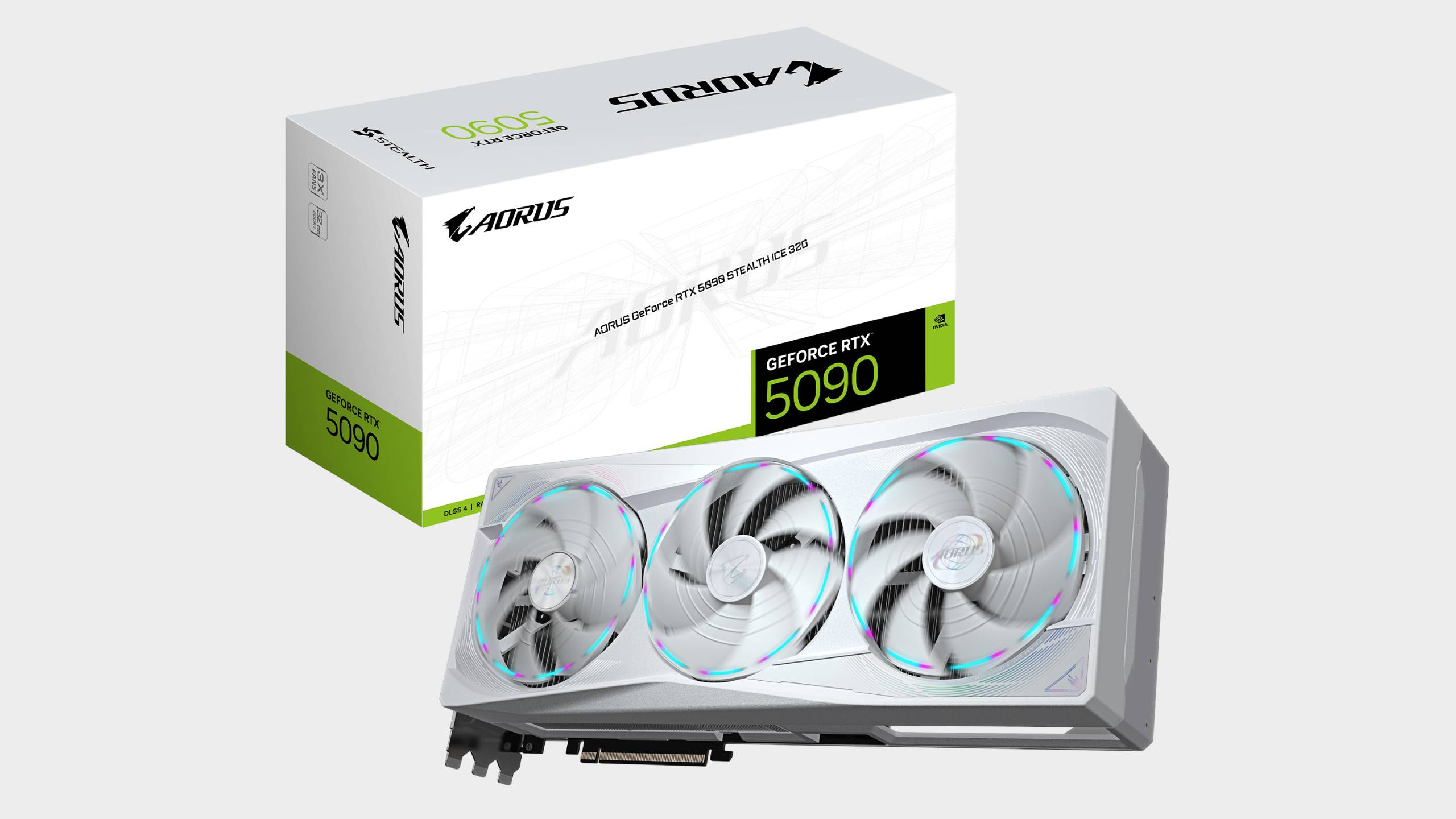 Gigabyte Aorus RTX 5090 Stealth Ice graphics card and box on a plain background