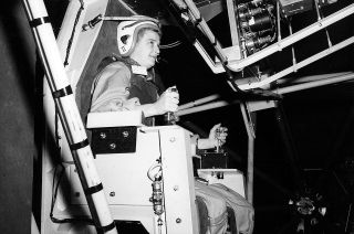 Jerrie Cobb, a member of the Mercury 13, is seen testing in 1960 in NASA's Multiple Axis Space Test Inertia Facility.