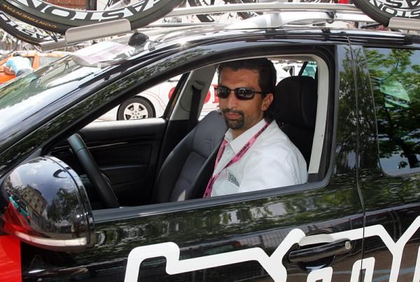 Former pro Fabio Baldato behind the wheel of a BMC Racing team car.