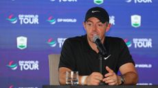 Rory McIlroy of Northern Ireland speaks in a press conference following the Pro-Am prior to the DP World Tour Championship.