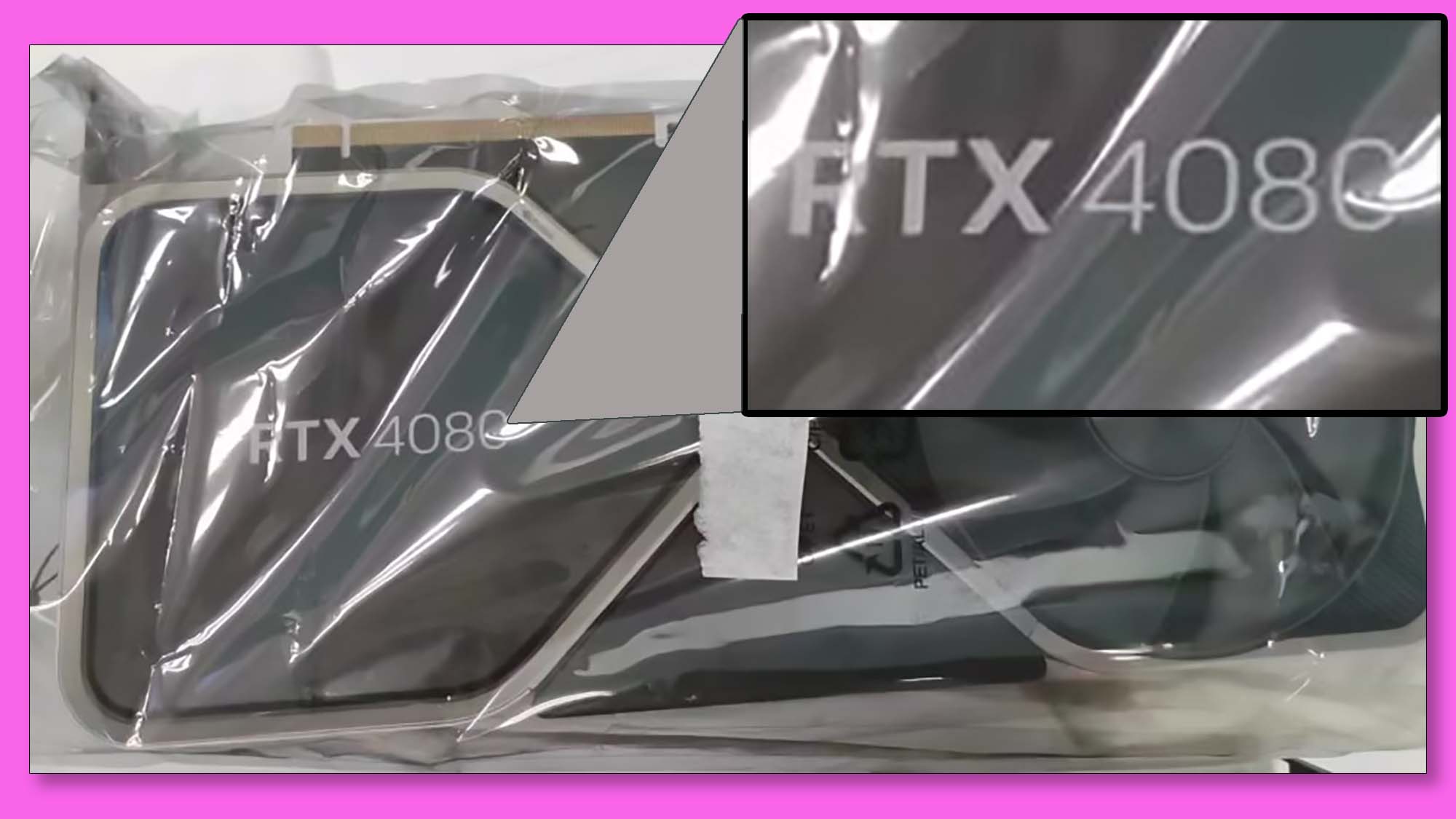 A purported RTX 4080 in its packaging, with a highlight of the thinner numbers on the card