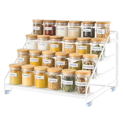 Spice Rack, 4-Tier Spice Organiser for for Inside Cupboard, Cabinet or Countertop &amp;ndash; Adjustable Depth Stepped Shelf for Kitchen, Pantry, Cupboard &amp;ndash; Metal Storage Rack (4 Tier White)