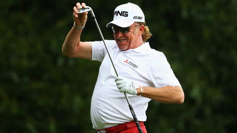 Miguel Angel Jimenez celebrates an ace at Wentworth