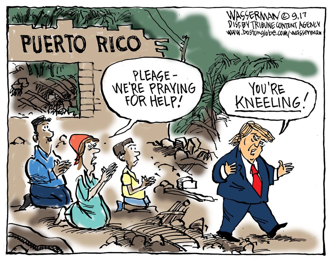 Political cartoon U.S. Puerto Rico hurricane Maria NFL kneeling