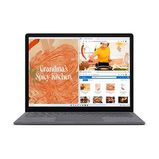 Micosoft Surface Laptop 5 product shot with 'grandma's spicy kitchen' and an image of someone cooking on the screen
