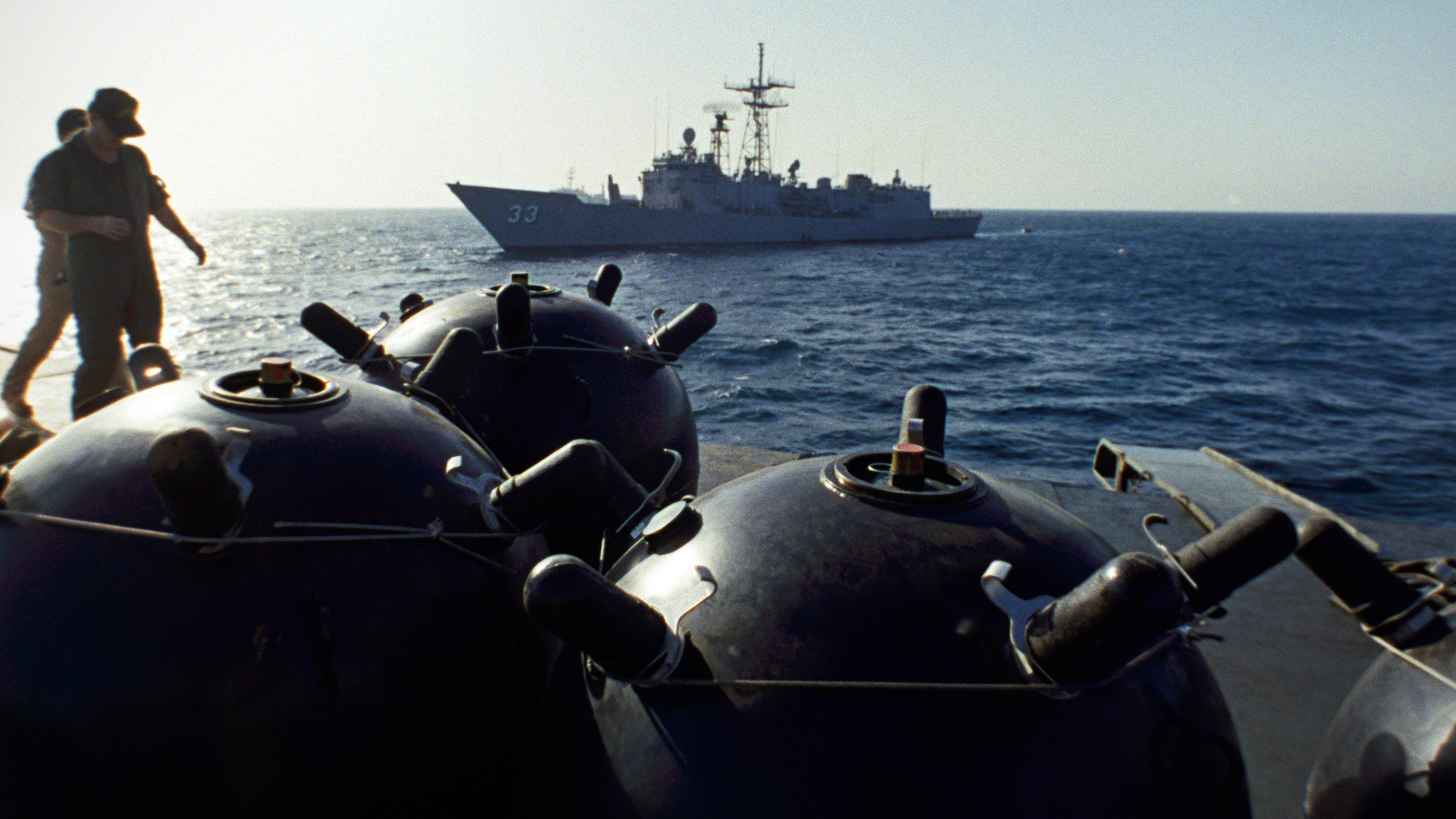 Iranian mines being inspected in the Strait of Hormuz in 1987