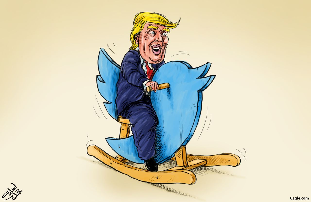 Political cartoon U.S. Trump Twitter play horse