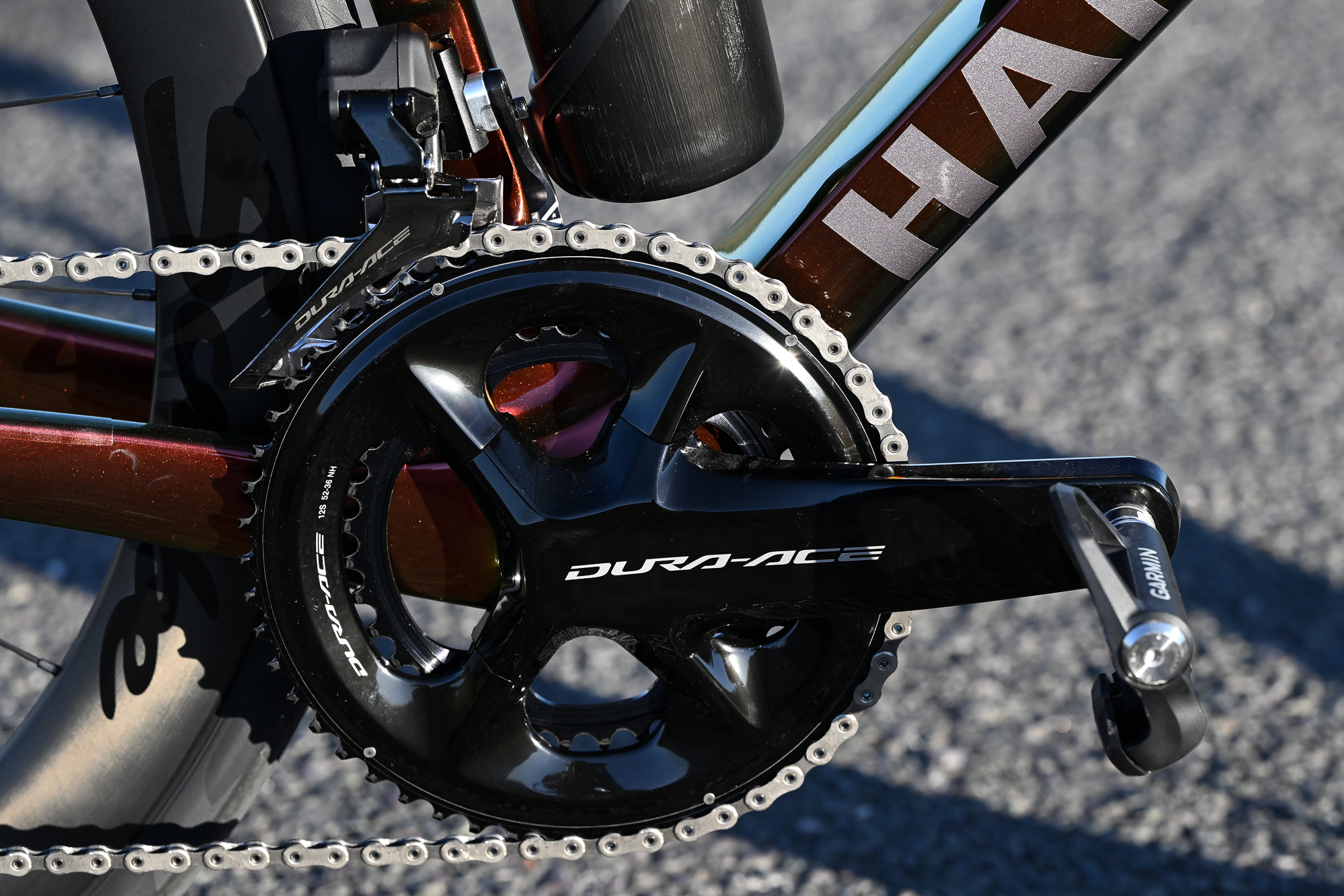 Close up of a black Dura-Ace chainset fitted to a Handsling A1R0evoS
