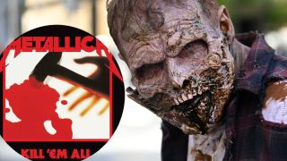 A zombie looking at the camera, with the cover of Metallica album Kill 'Em All inset