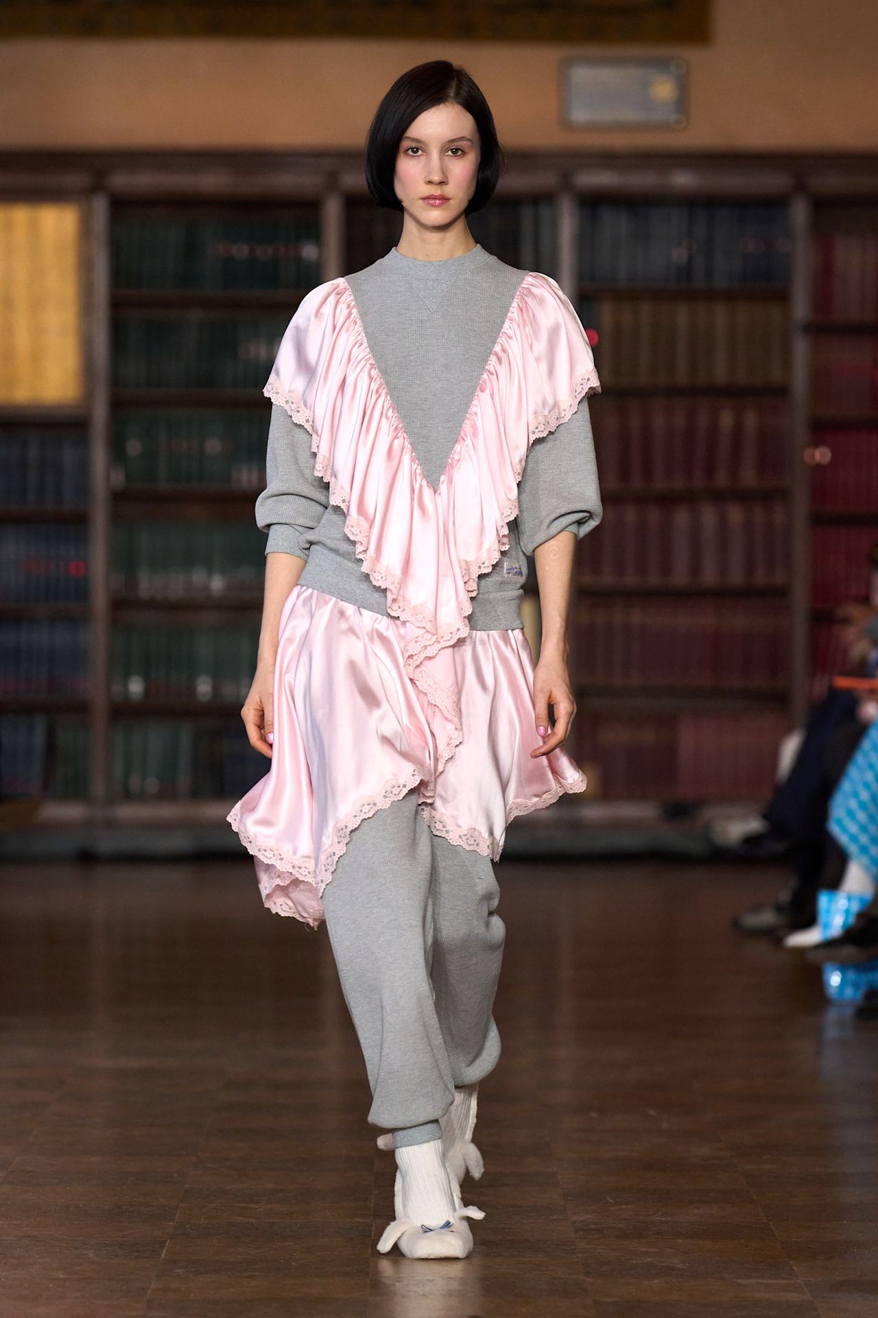 models walk the Sandy Liang Fall 2026 fashion show runway wearing slipper shoes