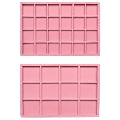 Frebeauty Stackable Velvet Jewelry Organizer Trays for Drawers Inserts Jewelry Storage Tray Display Case, Stud Earrings Bracelets Necklace Rings Accessories Trays for Women(set of 2)(pink)