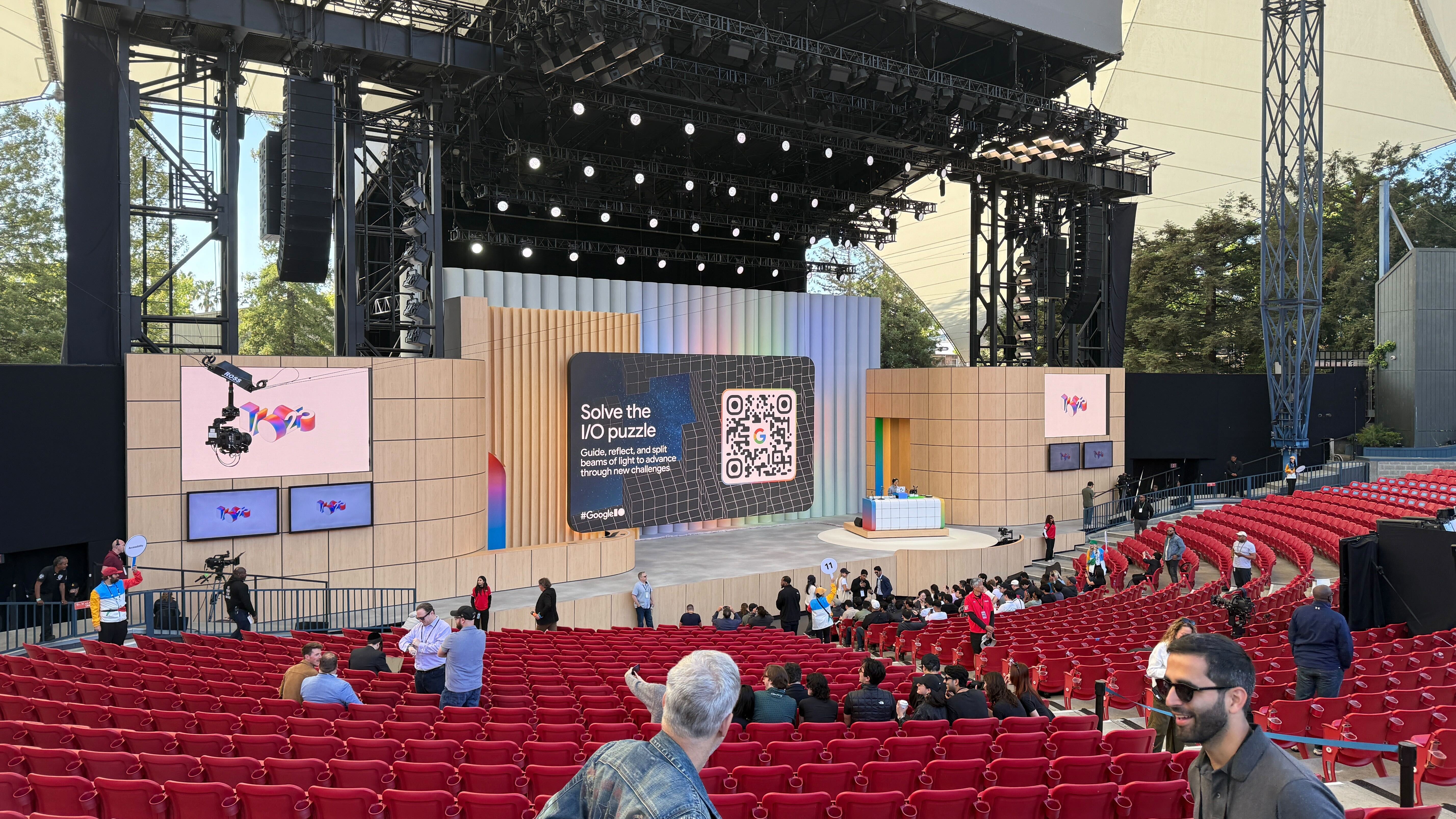 View of the stage at the Shoreline Amphitheater before the Google I/O 2025 keynote