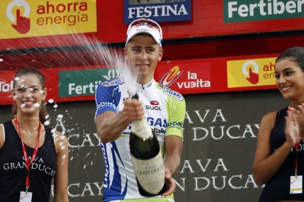 Peter Sagan (Liquigas-Cannondale) is getting used to podium protocol.