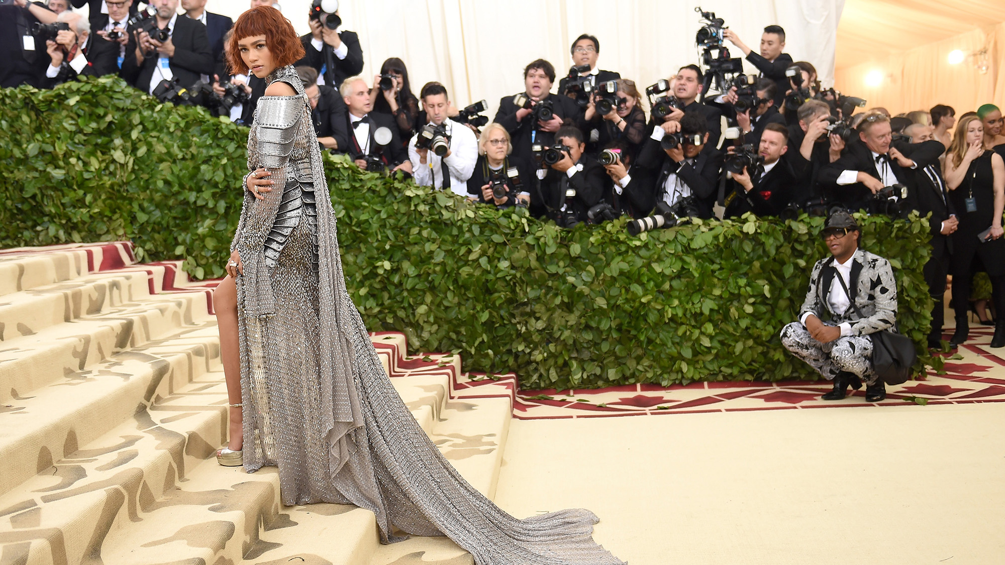 Zendaya at the Met Gala in silver armor 2018.