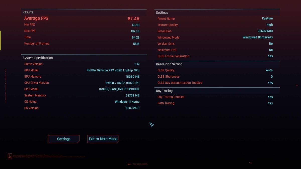 Alienware m18 R2 Cyberpunk 2077 benchmark Ray Tracing Overdrive.