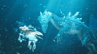 In-game screenshot of the player fighting Lagiacrus underwater.