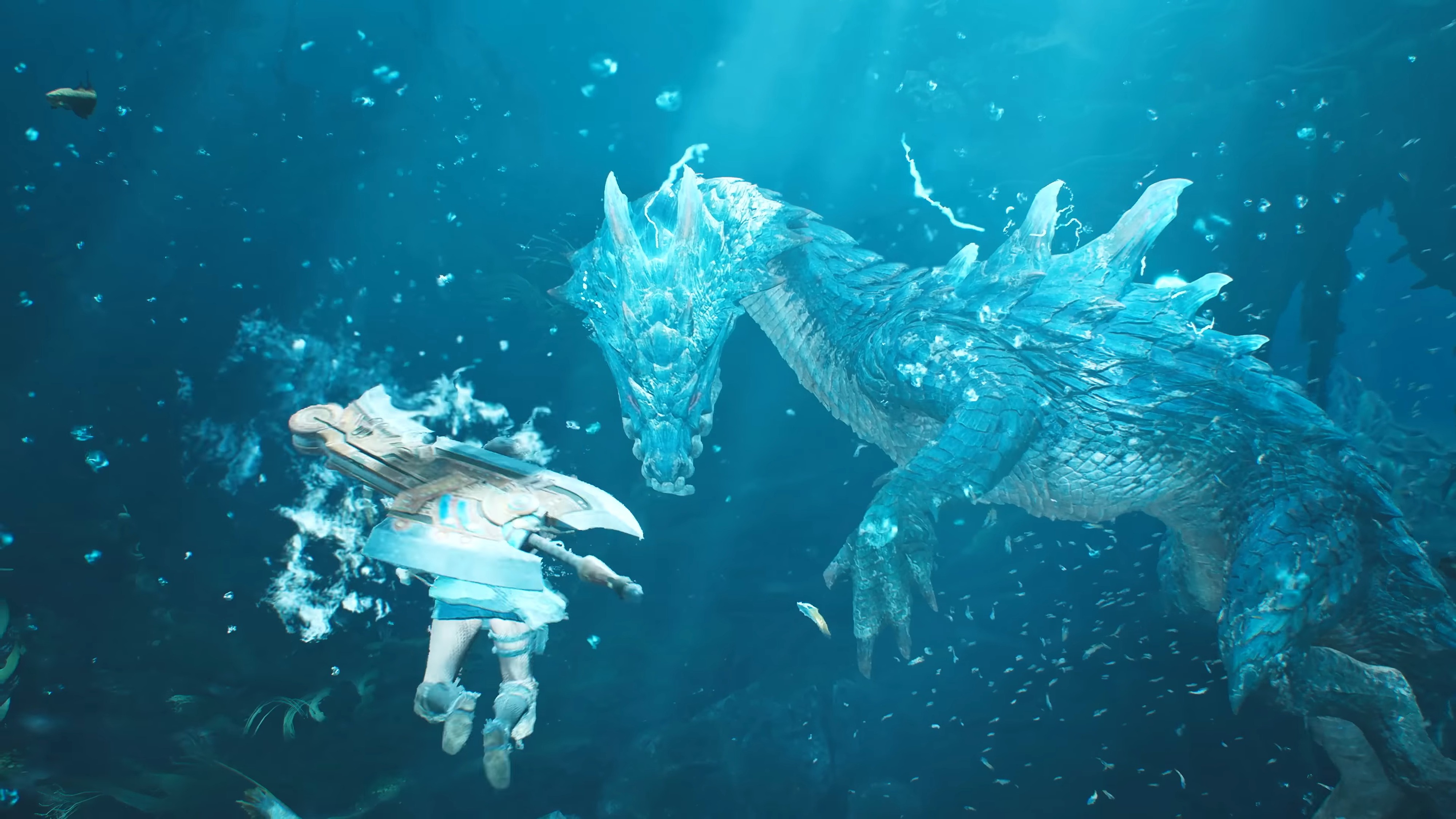 In-game screenshot of the player fighting Lagiacrus underwater.