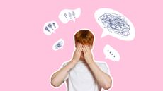 A sad young man covering his face with speach bubbles above his head showing chaos against a pink background