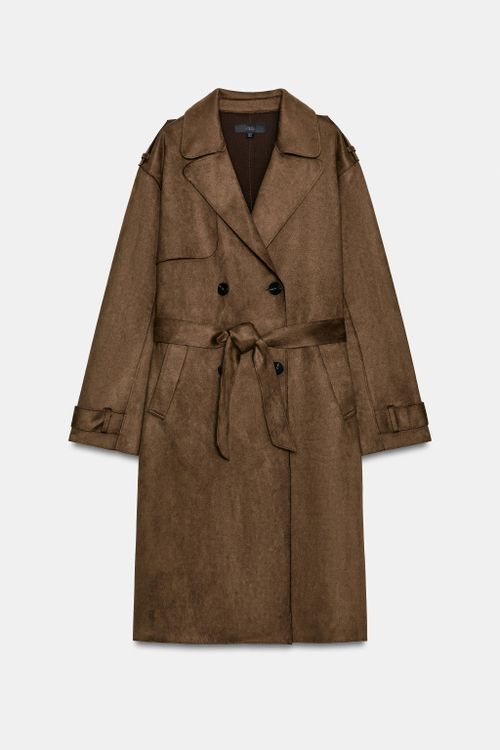 Long Suede Effect Belted Trench Coat